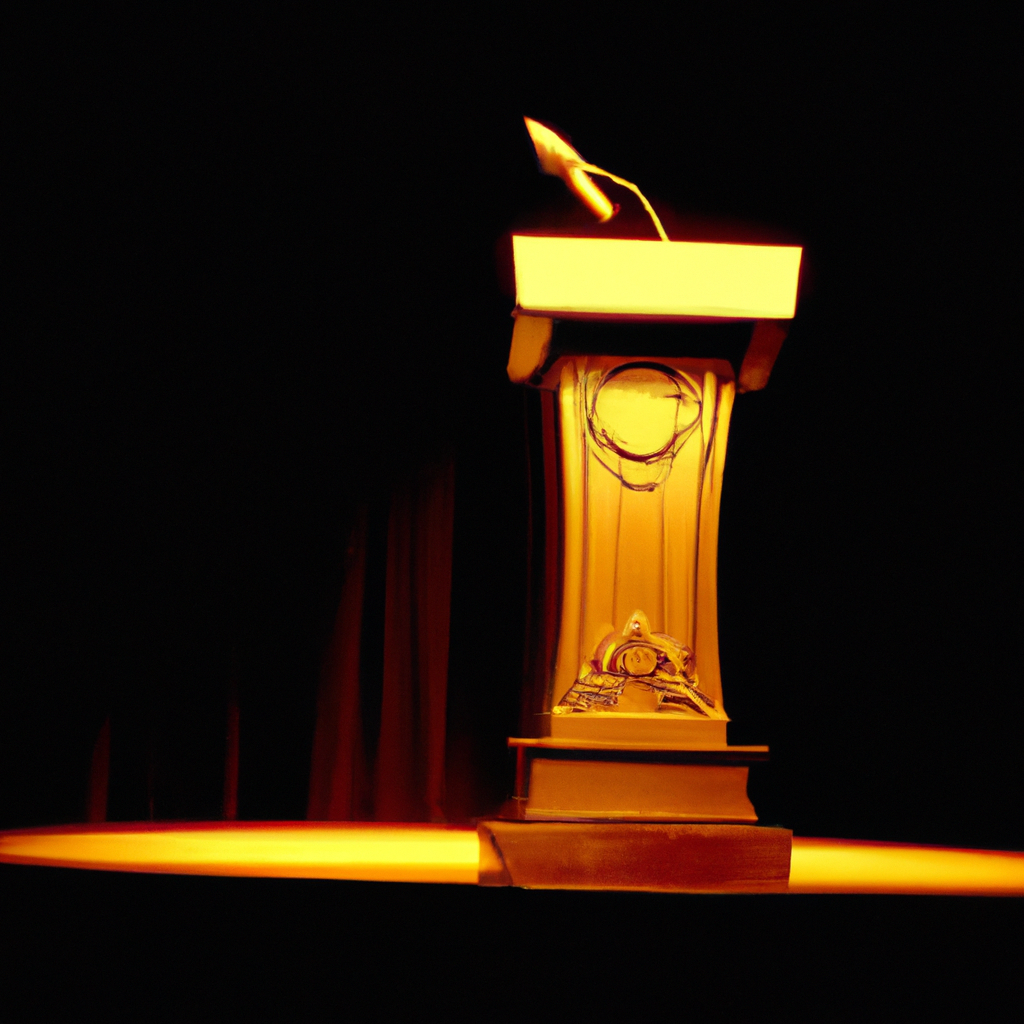 Confident speaker on a warmly lit stage addressing a large attentive audience with a podium and spotlight, conveying public speaking mastery and inspiration